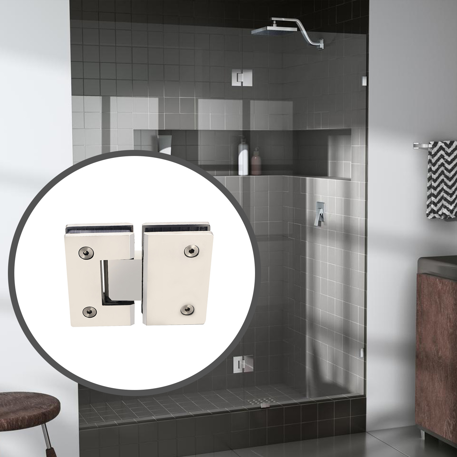 SS Shower Hinge 180 Degree Double Side for Interior Glass to Glass Shower Door Partitions