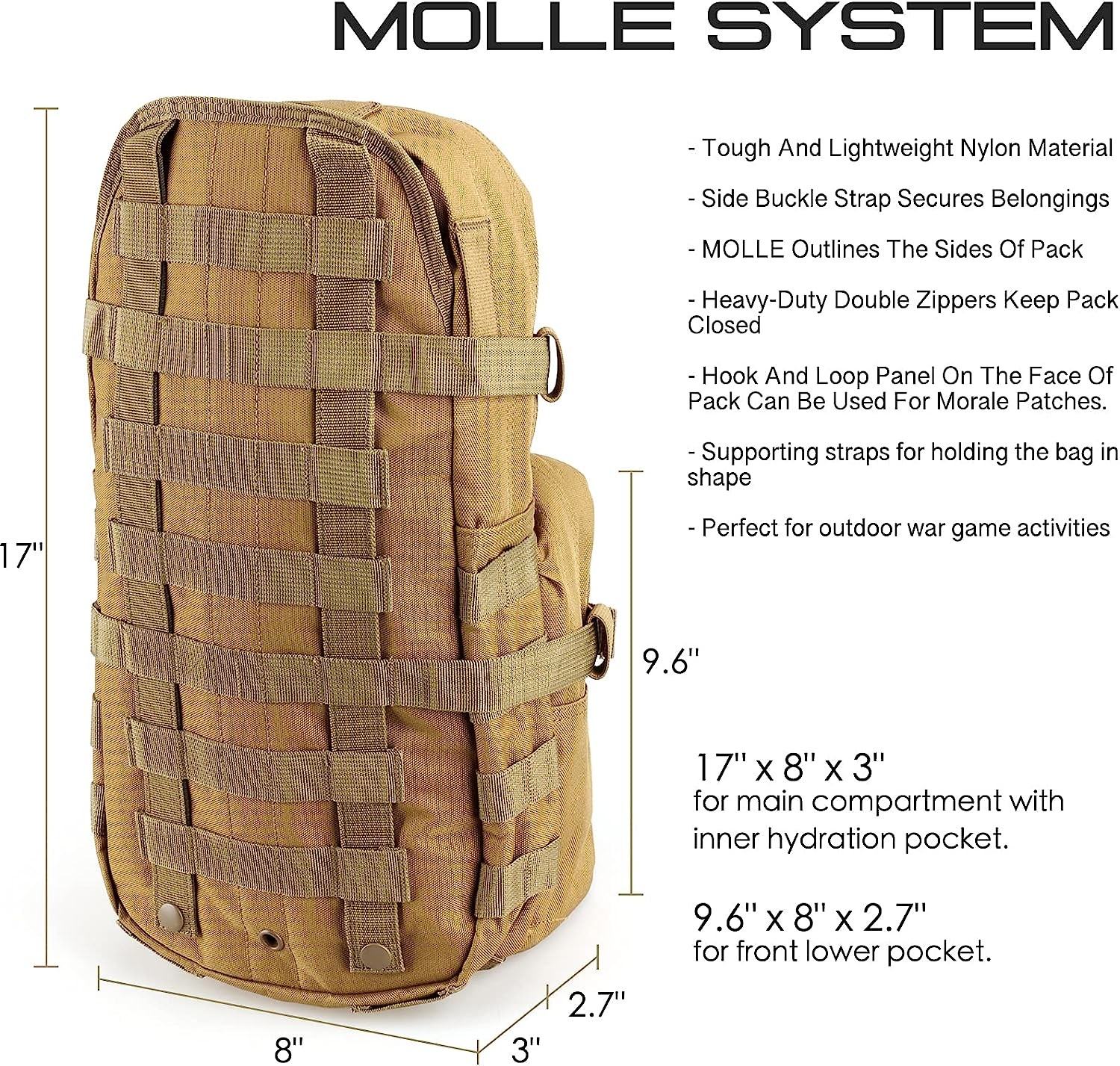 Tactical Hydration Pack Nylon, Molle Hydration Carrier Bag Water Reservoir Bag for Tactical Backpack Plate Carrier