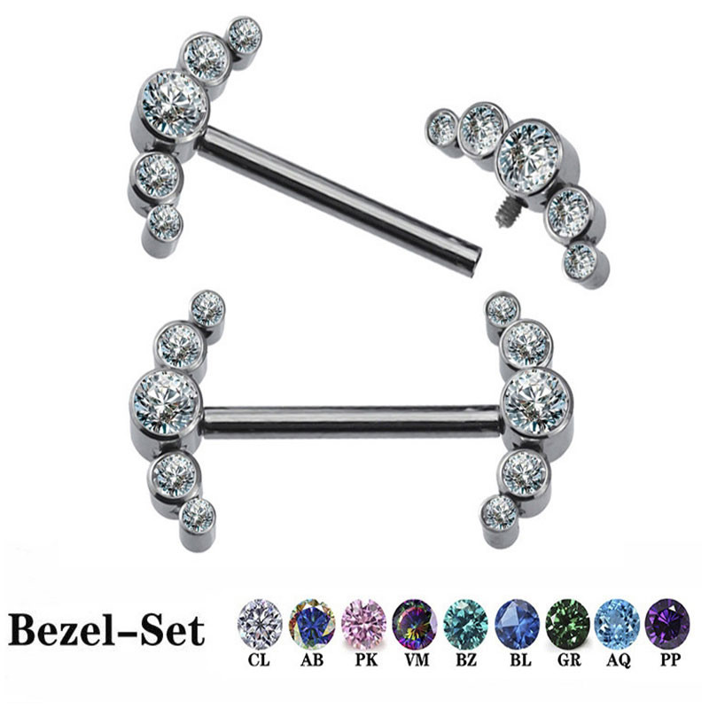 Shiny Opal Gems Pure Titanium G23 Nipple Rings 14G 1.6mm Steel color