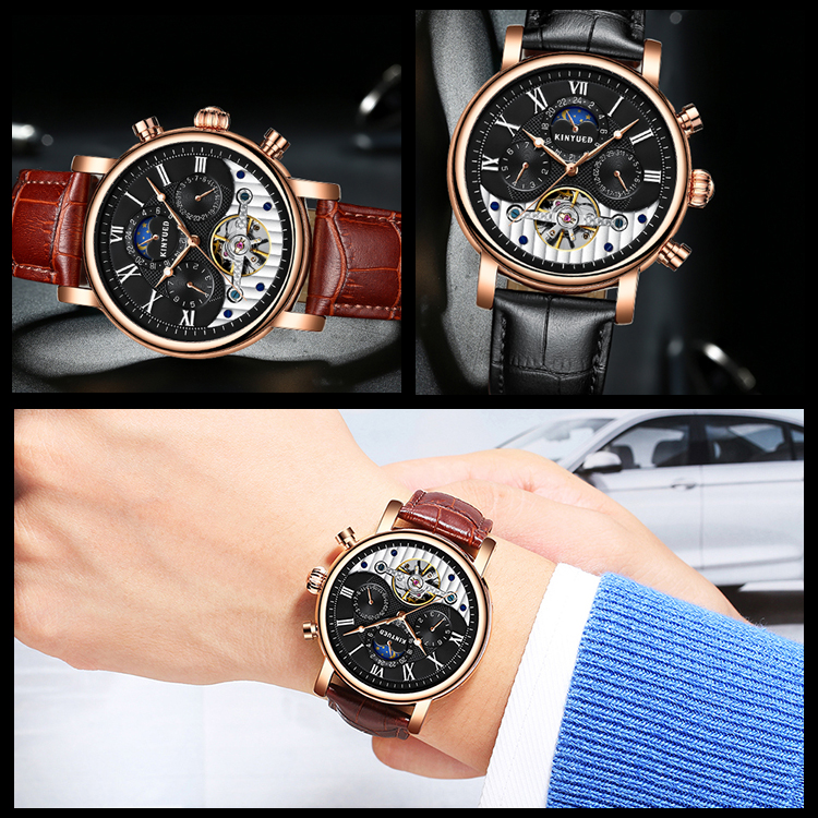 KINYUED New Silver Case Moon Phase Clock Movement Genuine Crocodile Watch Strap Water Resistant Watch