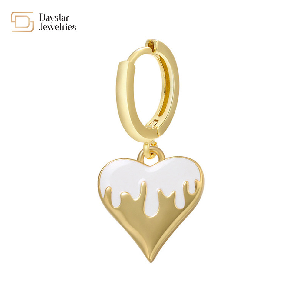 Women 14k Gold Plated Drop Earrings , Colorful Enamel Heart Pendant Hoop Earrings