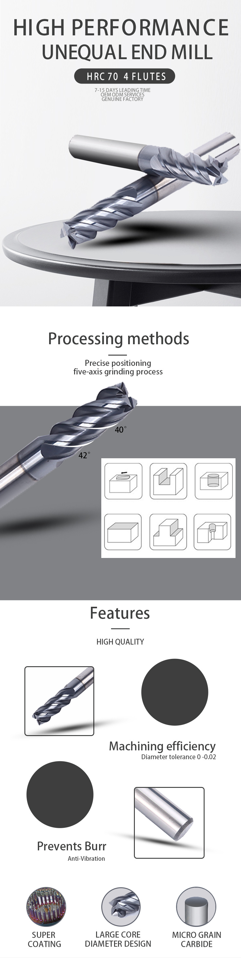 Metalworking Excellent Surface Unequal Flute Spacing And Helix Carbide Black Alcrsin Coating 4 Flutes Hrc 70 End Mill