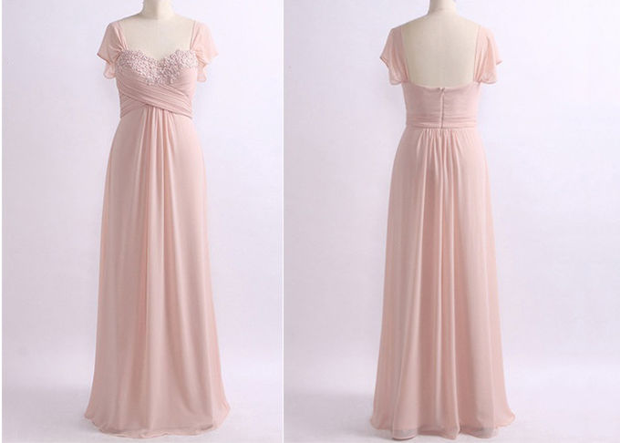 Lotus Leaf Sleeve Blush Pink Bridesmaid Dresses A Line Lace Pleating Chiffon