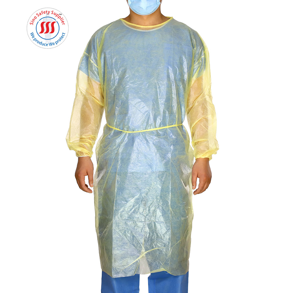 Disposable Pp Pe Coated Waterproof Non Woven Isolation Gowns Yellow Color
