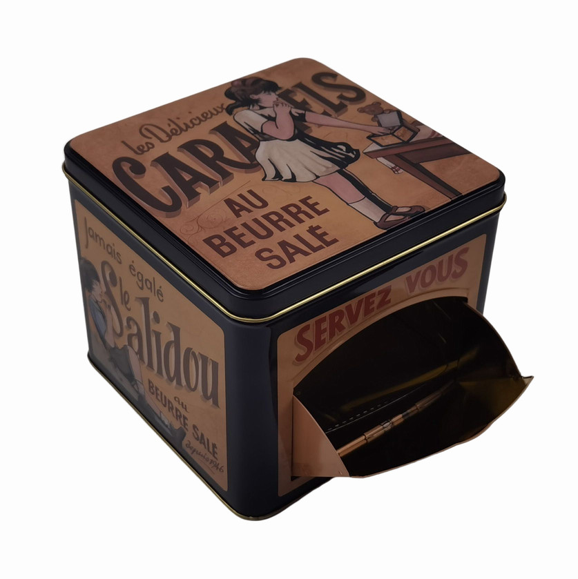 Customized Square Caramel Candy Tin Can Hinged Lid Tin Box With Dispenser Opening