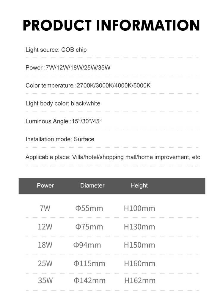 Household Cob Led Downlight Indoor Work Light 3500K 4000K 5000K