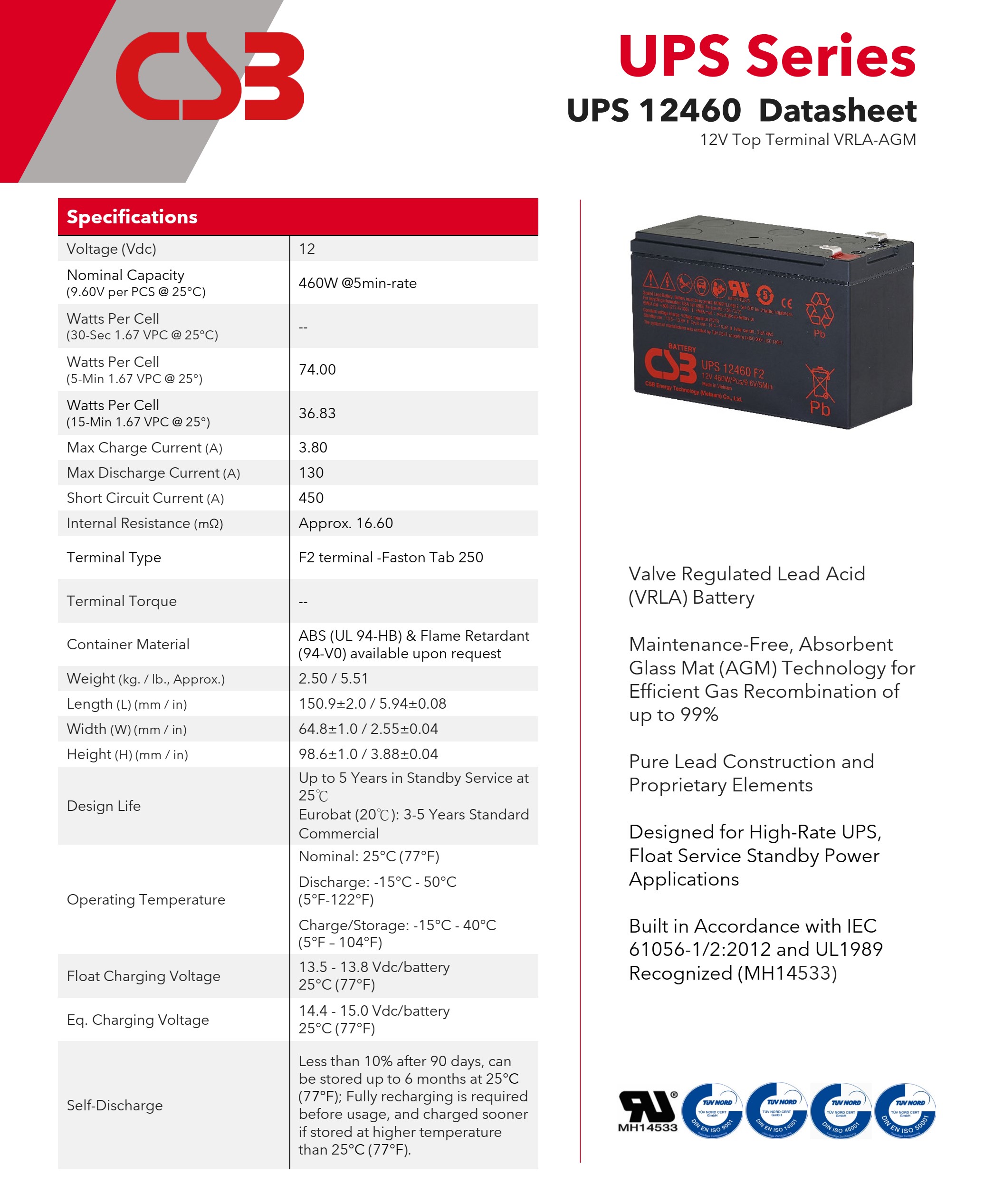 CSB Battery UPS12460 12V 460W Maintenance-Free Valve Regulated Lead Acid Battery for UPS Data Center