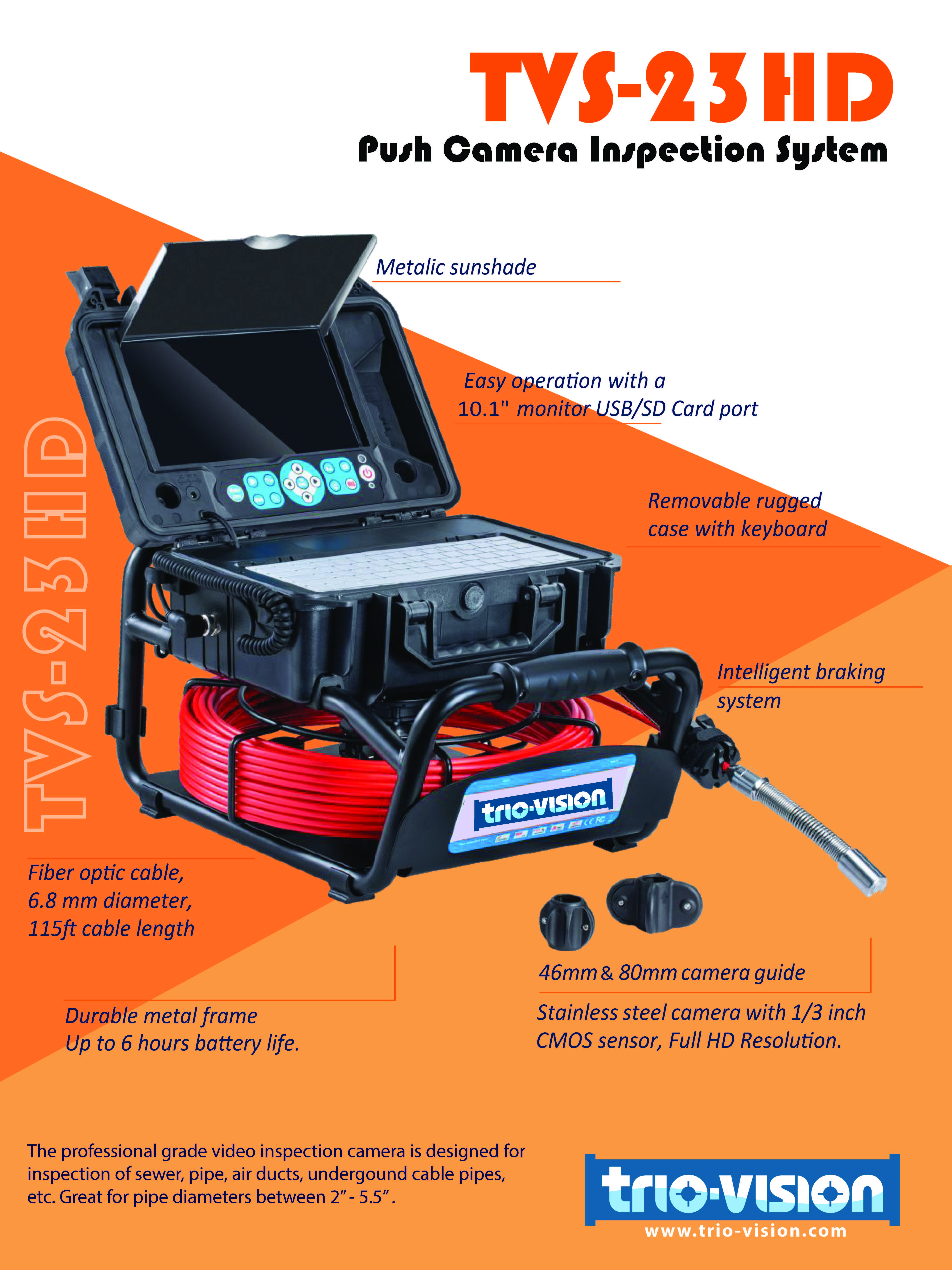 High definition sewer pipe inspection push camera 18mm camera with 10 inch monitor