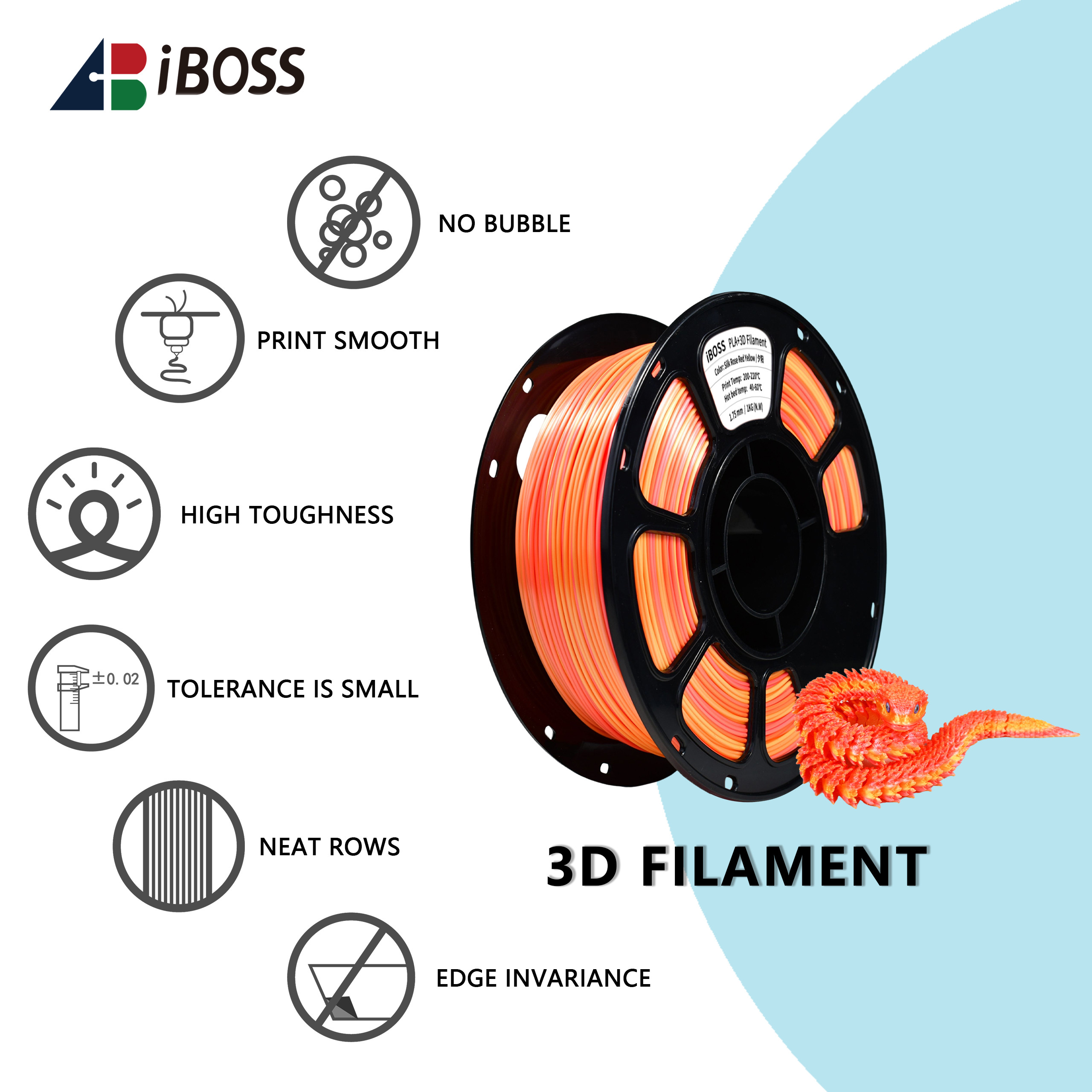 iBOSS High Quality 3D Printer Filament Silk Dual Rose Red Yellow 1.75mm PLA+ Filament