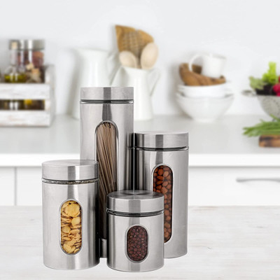 4 Piece Silver Stainless Steel Canister Set With Glass Windows