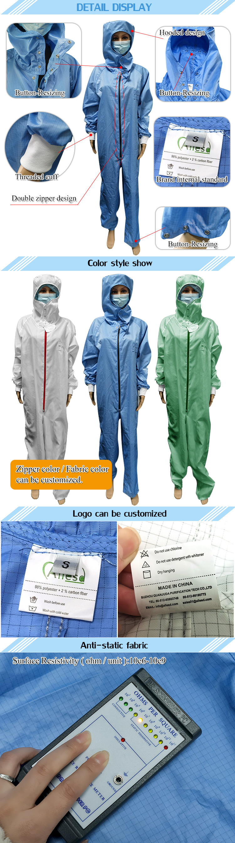 Blue Washable Dust Free ESD Garment Anti Static For Cleanroom Industry
