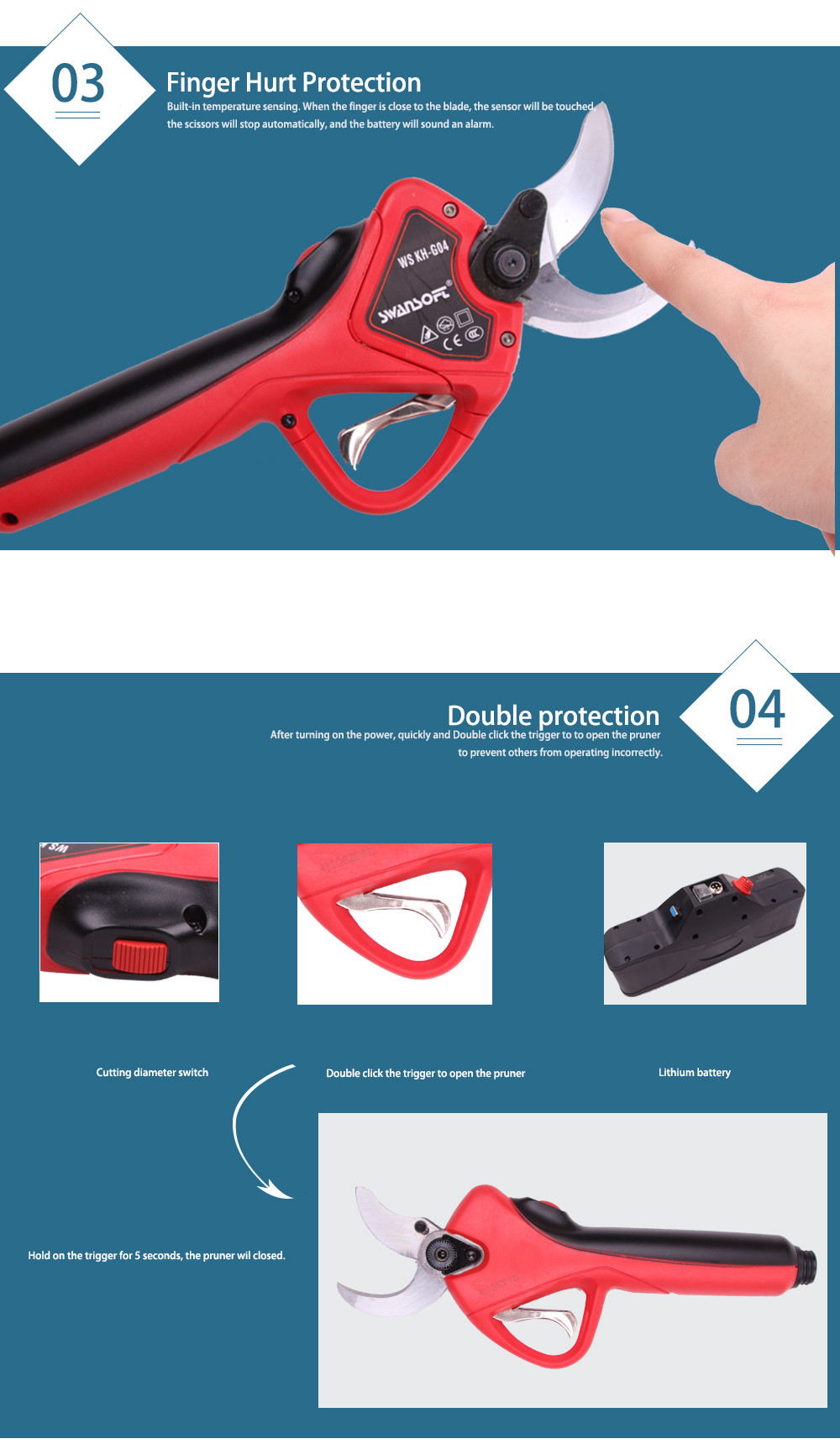 Swansoft Pantalla LED de litio Batería Cizalla diámetro 40MM Tijeras de podar eléctricas Tijeras Electric Pruner