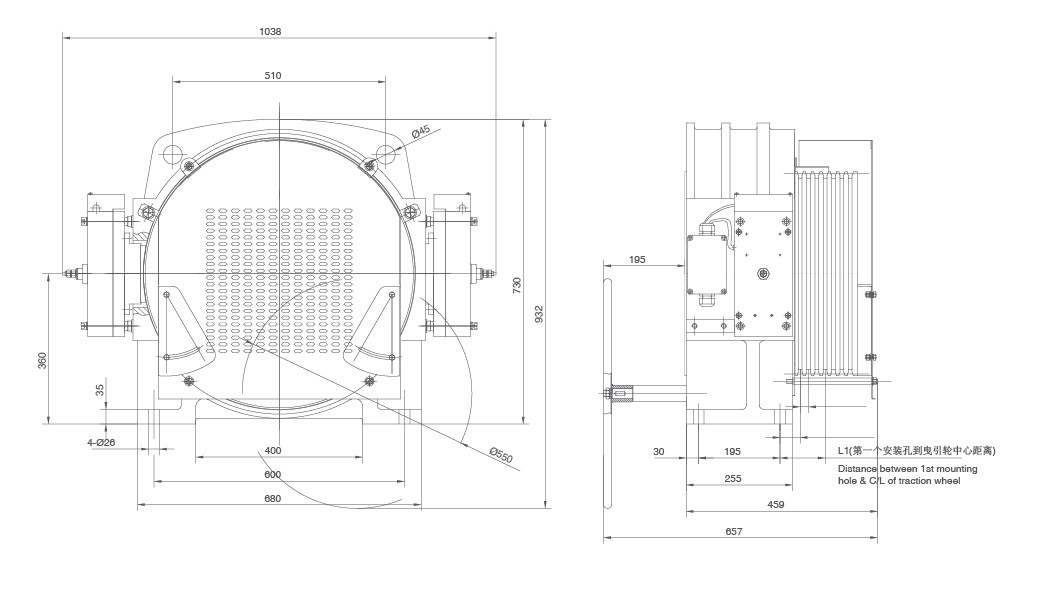 Block Brake Elevator Replacement Parts , Gearless Traction Machine Rated Load 1350-1600KG
