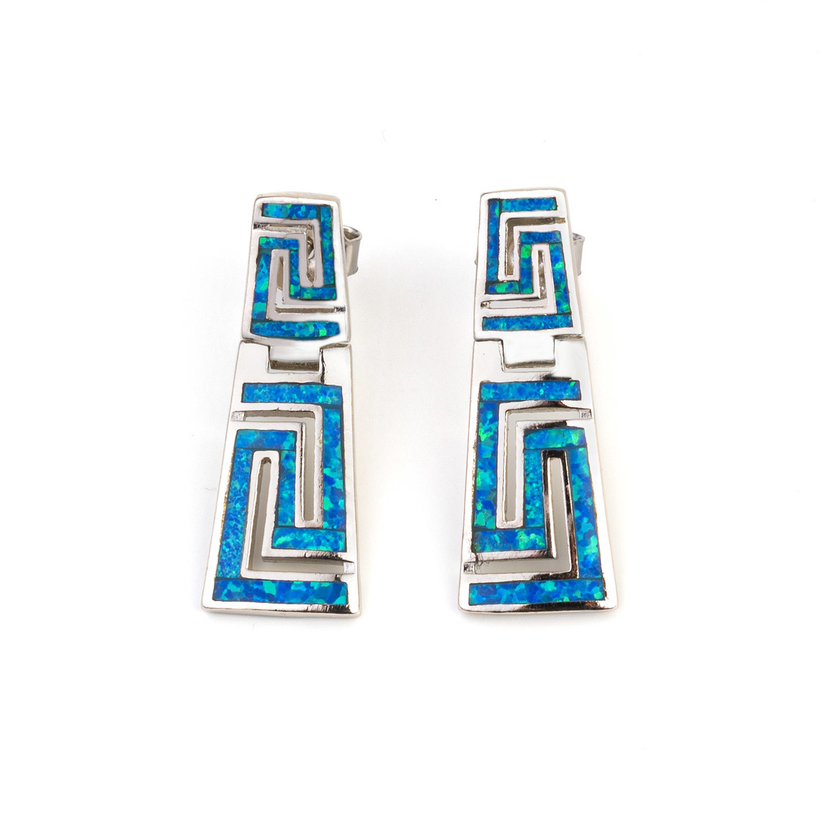 925 With Sterling Silver Greek Key Natural Blue Garnet Stud Meander Opal Earrings For Women