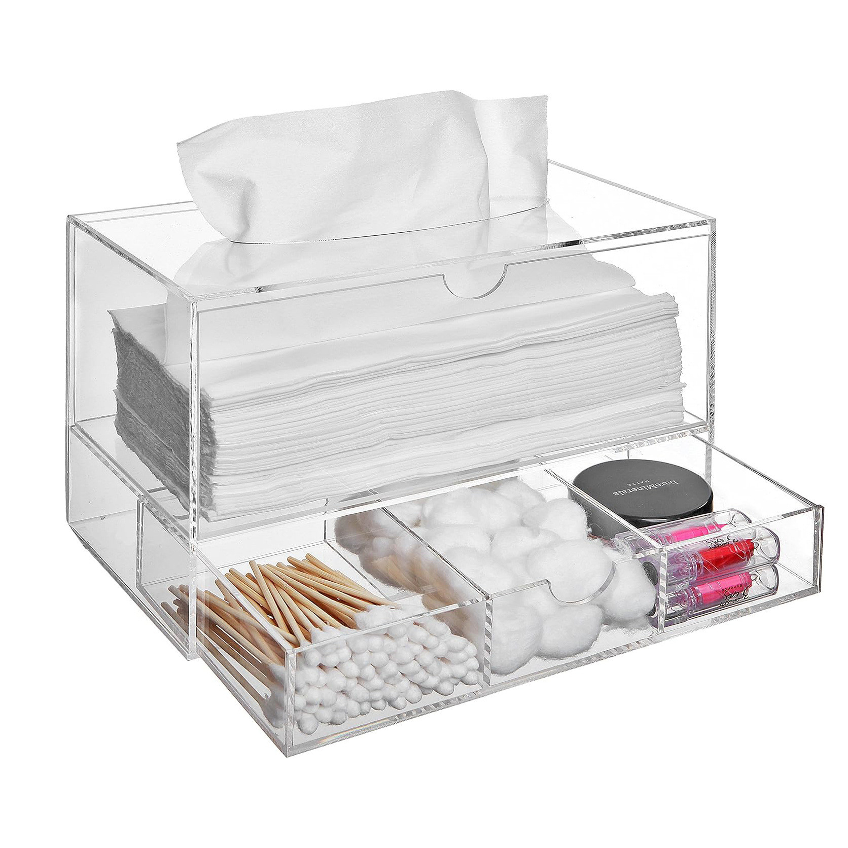 Multi Functional Acrylic Makeup Storage Box Lucite Tissue Box With Drawer And Lid