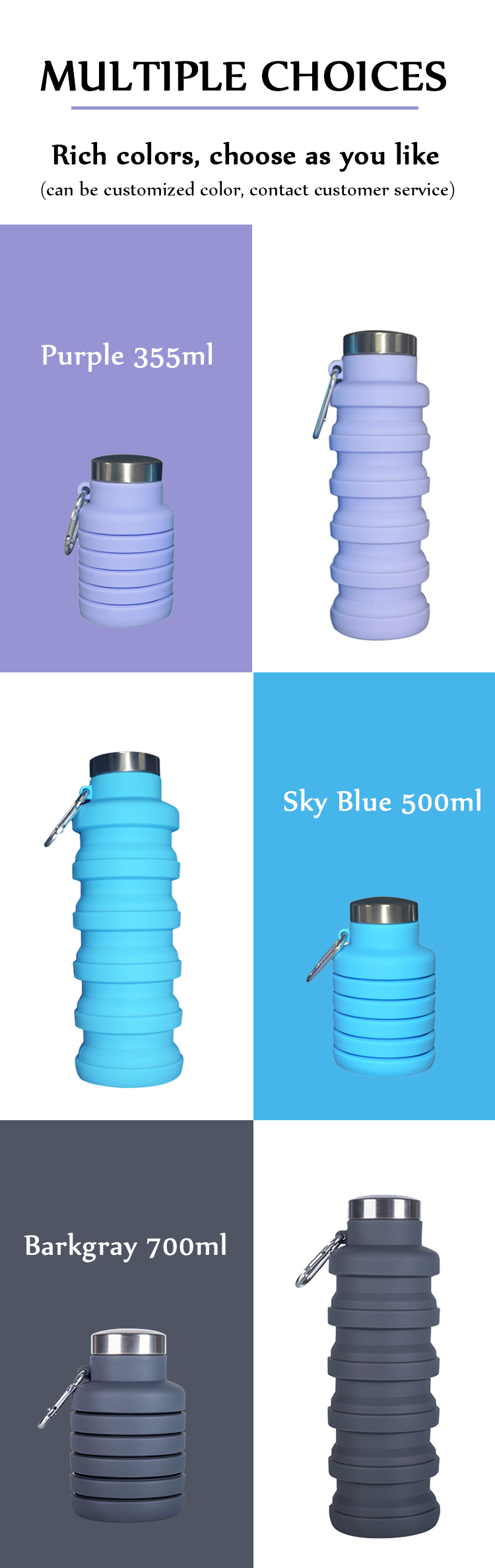 High Quality Eco-friendly Sports 335ml Silicone Collapsible Water Bottle
