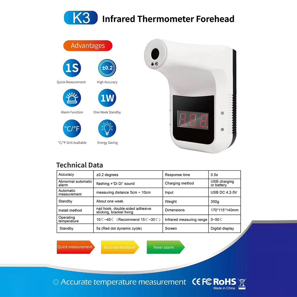 FCC 0.5s IR 24VDC Wall Hanging Forehead Termometer