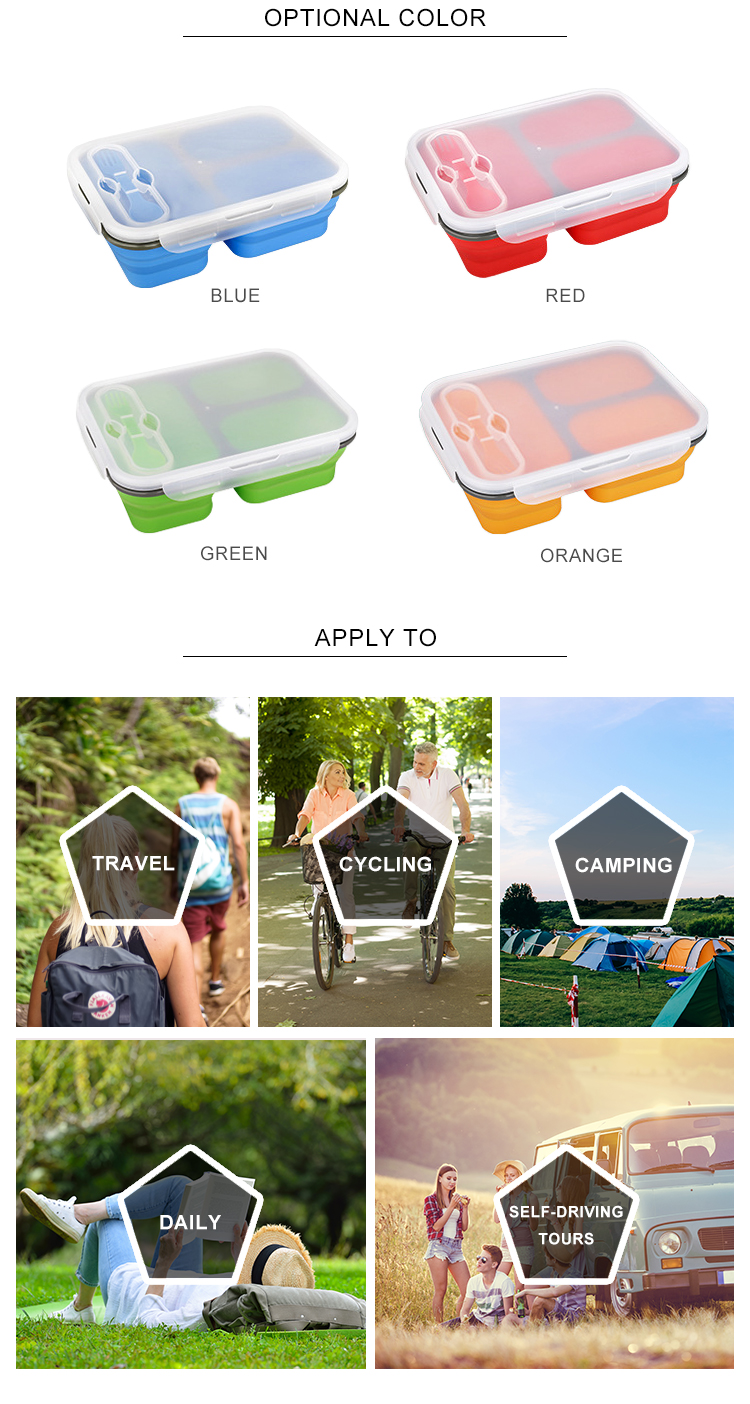 Rectangle 460g 3 Compartments Silicone Folding Lunch Box