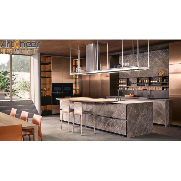 Laminated Stone Finish Kitchen Cabinet with Sintered Stone Island and Eco-Friendly Plywood L Shape Cabinet
