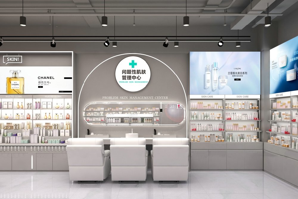 GDR01-BZ-08 Skincare Display Pillar with Grey Over-Oil Board and Soft Film Light Box for High-End Brand Sales Counters