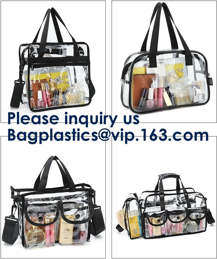 Beach Bag Clear PVC Bag Tote With Inner Pocket And Zipper Closure,PVC Bag Beach Tote With Black Handles, Bagease