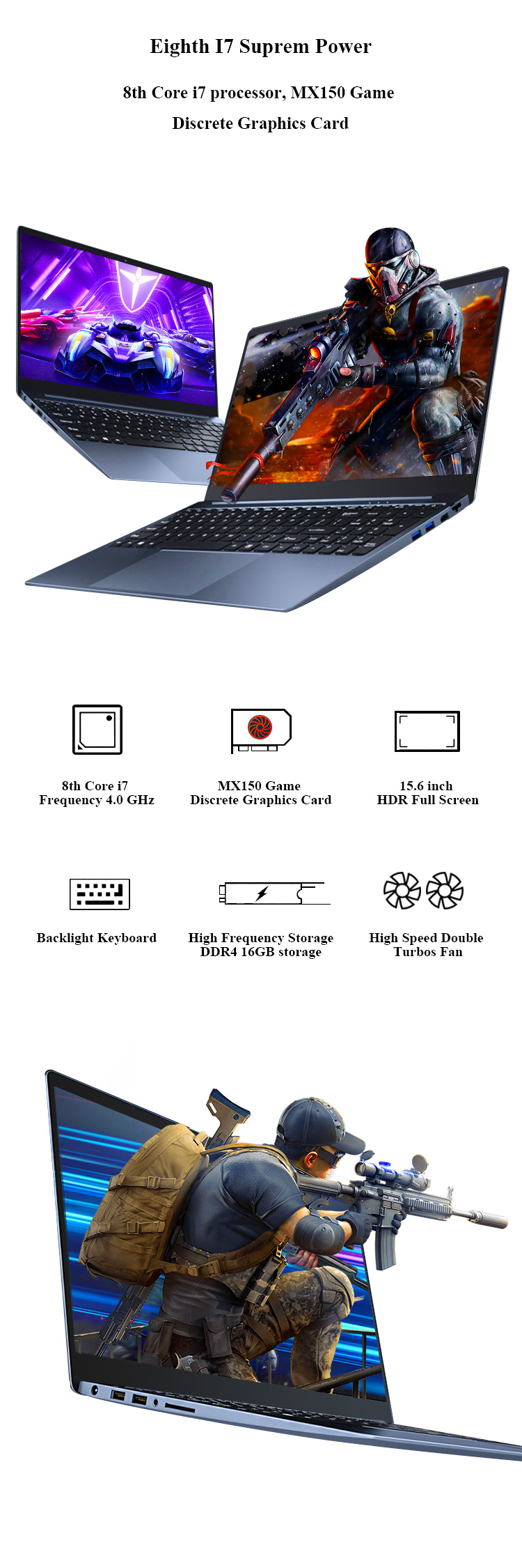 Core I7 16GB 15.6 Inch Ultra Thin Gaming Laptop With Backlight Keyboard Windows 10