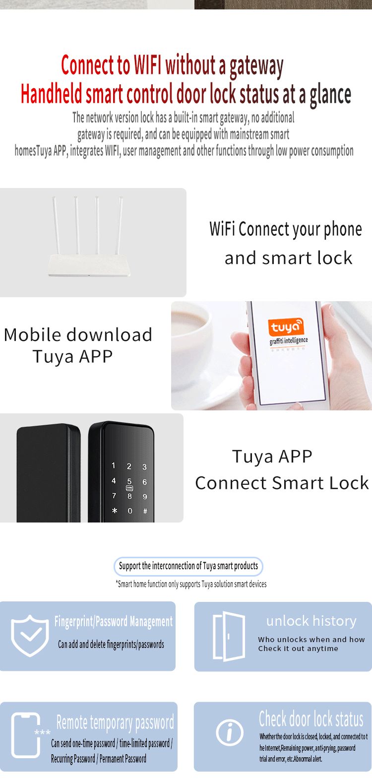 Hotel Smart Digital Lock Door with Fingerprint Password and Key Card 5kg/pcs WiFi Tuya