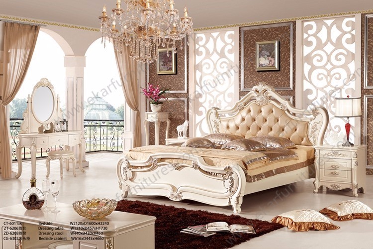Guangzhou french white leather queen size bed loft bed 6028