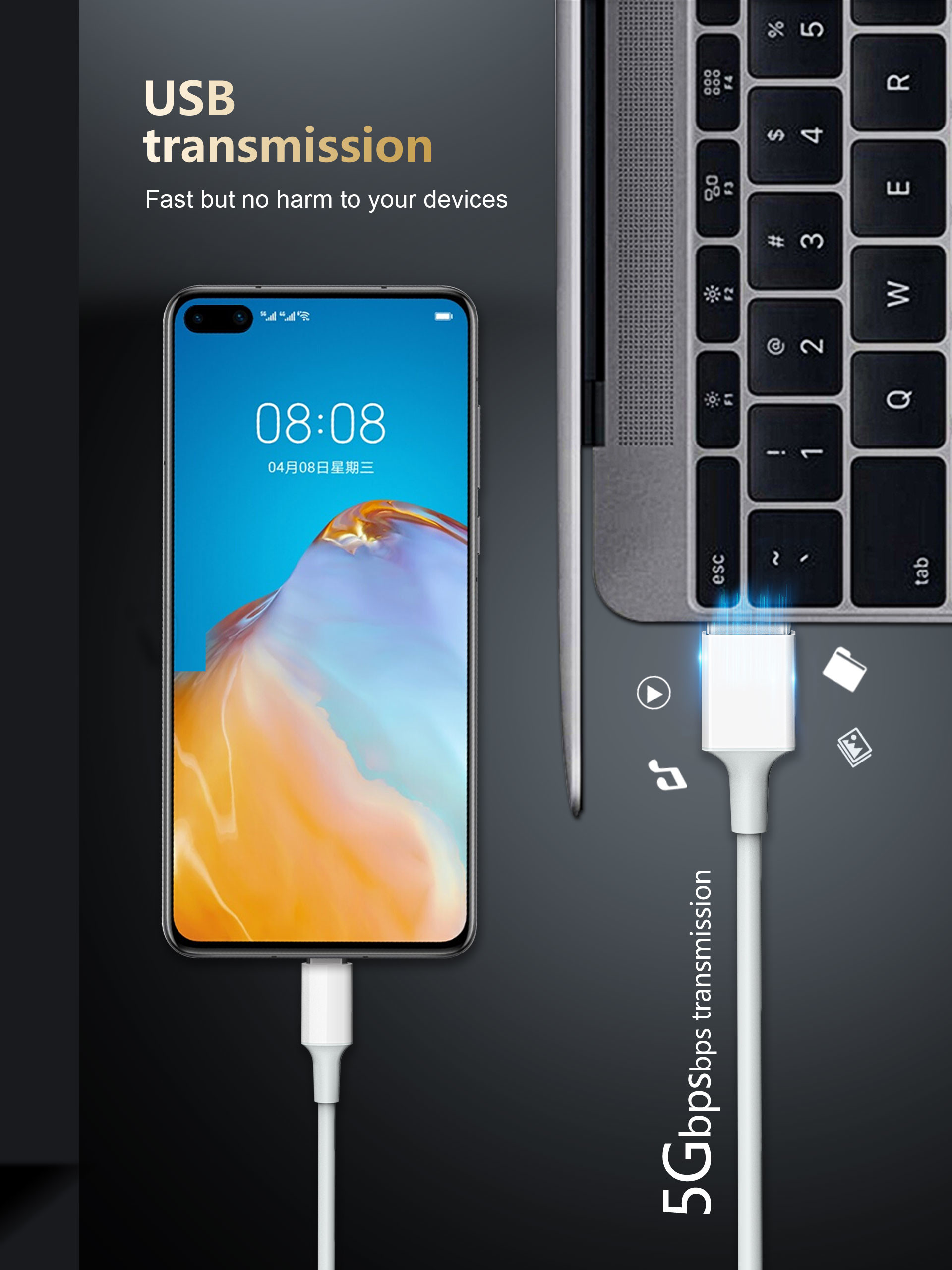 USB Type-C to USB-A 2.0 Male Charger Cable, 3 Feet (1 Meters), White
