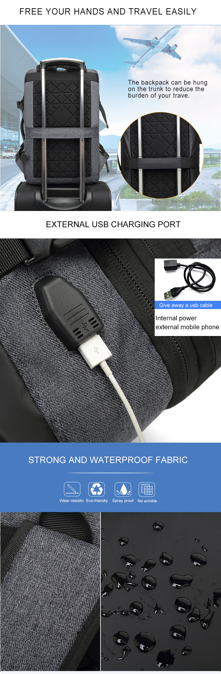 Multifunction Expandable Travel Nylon Laptop Backpack With USB