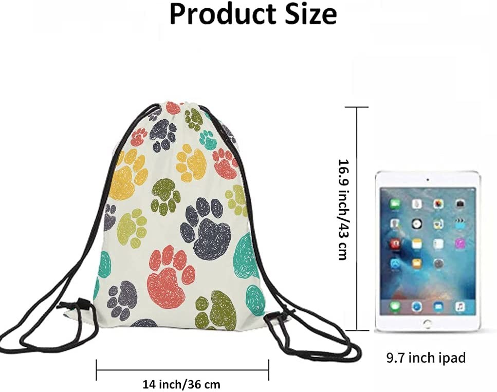 Digital Printed Drawstring Backpack Bag Hand Drawn Doodle Prints Puppy Footprint Drawing