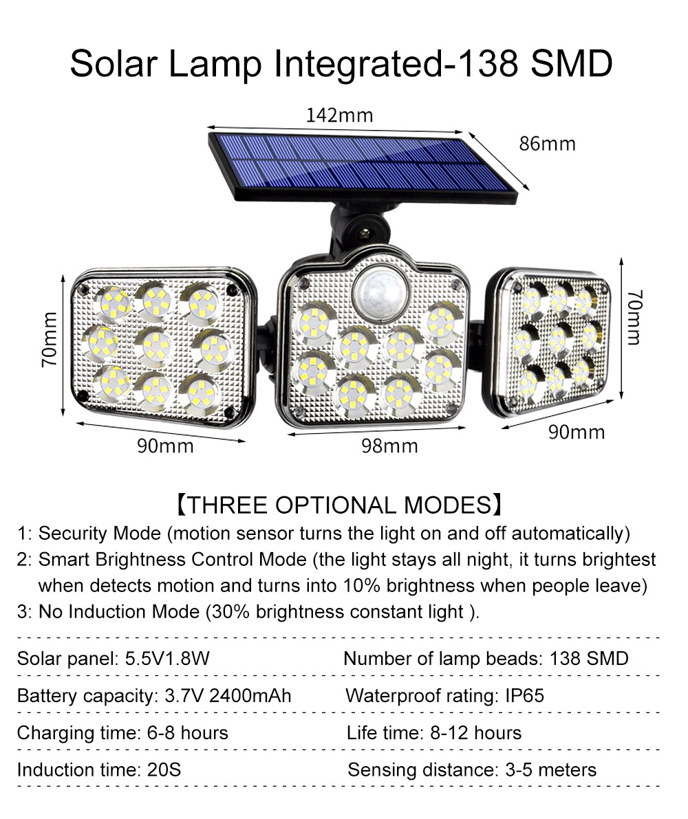 6500K 1.8W Outdoor LED Solar Lamp 270 Wide Angle 3.7V 2400mah