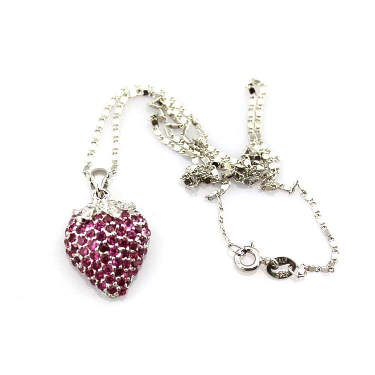 925 Sterling Silver Created Garnet Strawberry Pendant Necklace (P31)