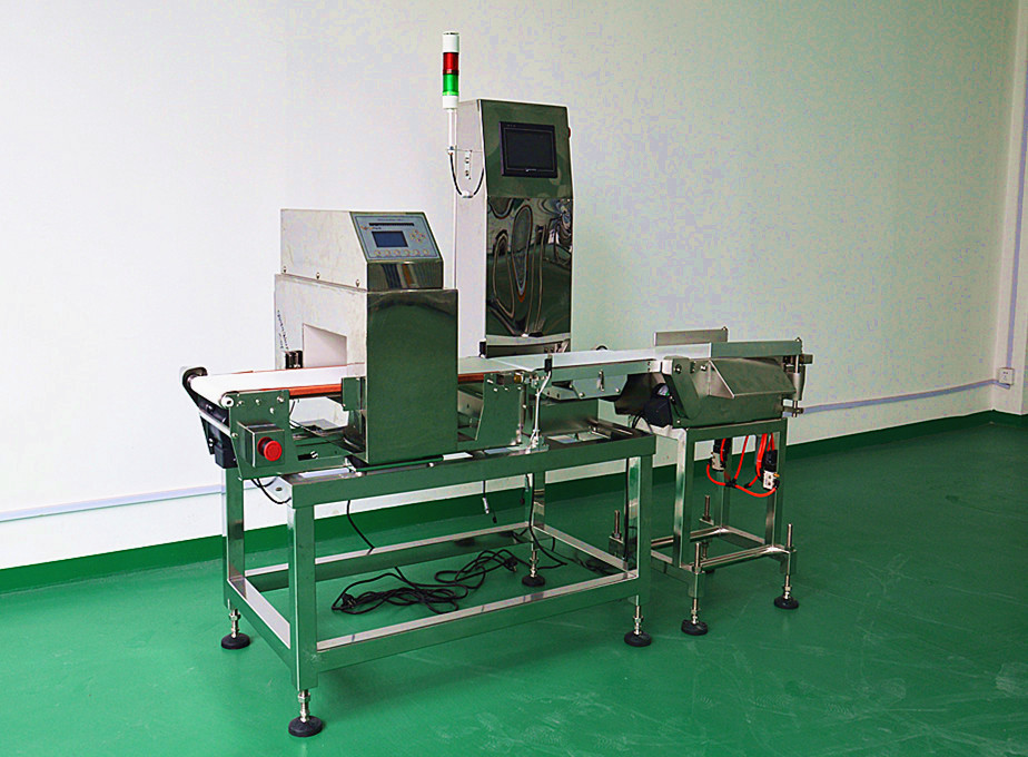 High speed combined metal detection and check weigher machine for metal detection and weight sorting process