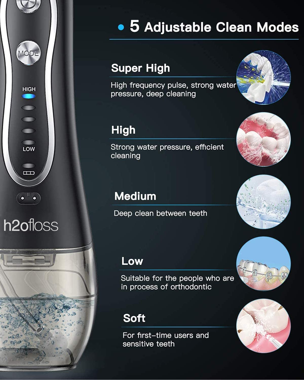 5 Working Modes Oral irrigator Water Flosser , IPX7 Water Flosser With 300ml Tank