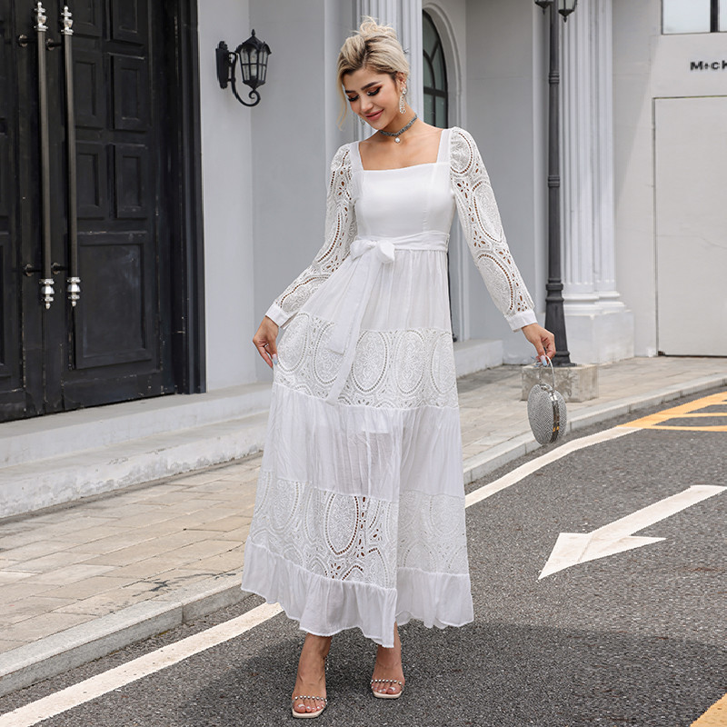 Embroidered Long Sleeve Lace Maxi Dress Plain Pattern For Wedding