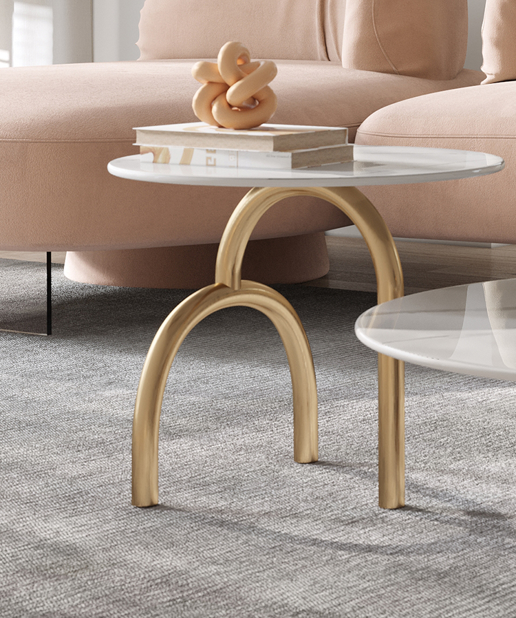 Round 11mm Marble Topped Pedestal Coffee Table Set With Gold Base