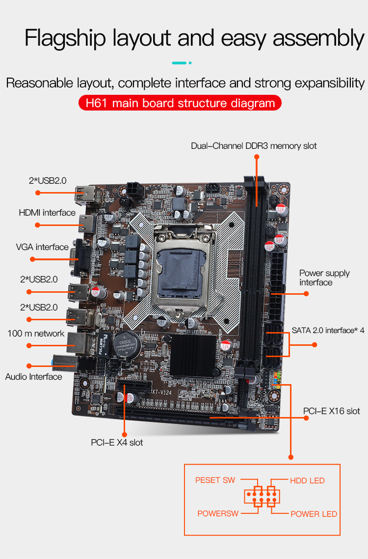 USB 2.0 X 4 Gigabit NIC Desktop Computer Motherboard LGA 1155 H61 DDR3