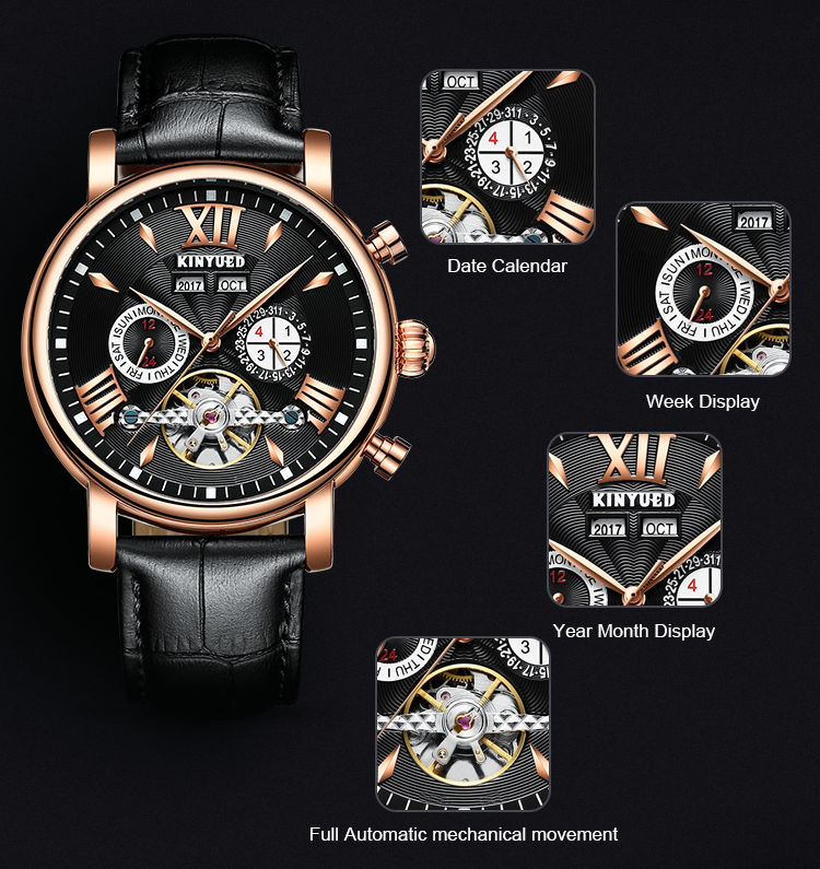KINYUED new design automatic men watches movement leather luxury relojes wristwatches