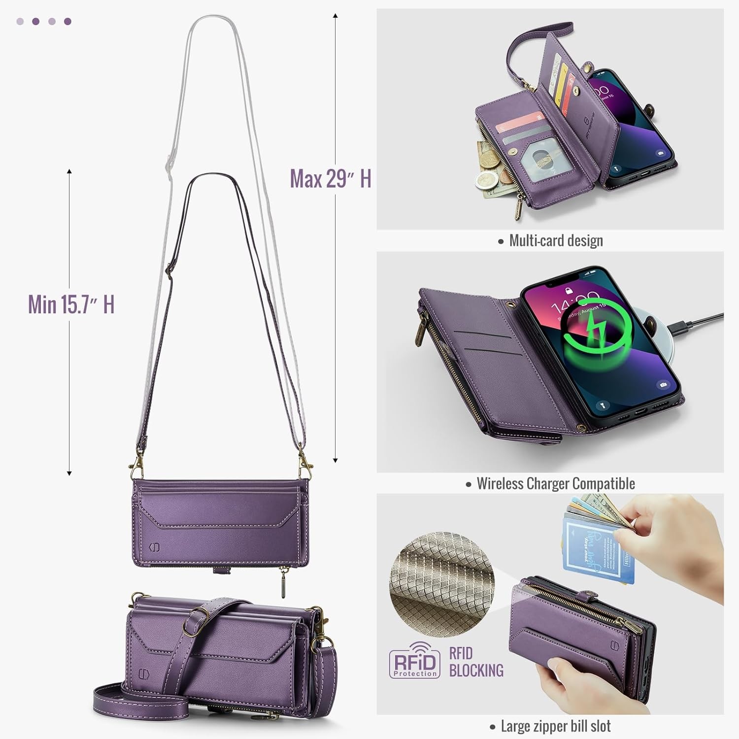 iPhone 13 case, zipper wallet with 7 cards, leather magnetic flip-flop wristband