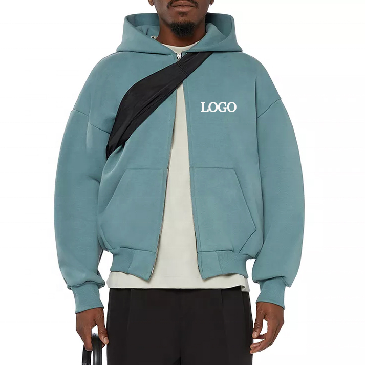Hooded Collar Printing Streetwear Brown Zip Up Crop Top Hoodie with 500 Gsm