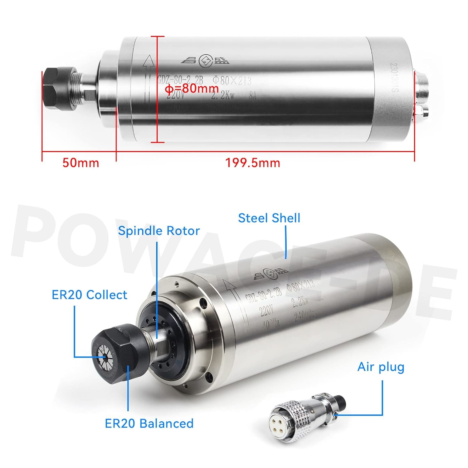 2.2KW CNC Spindle Motor Water Cooled 400Hz with ER20 Collet
