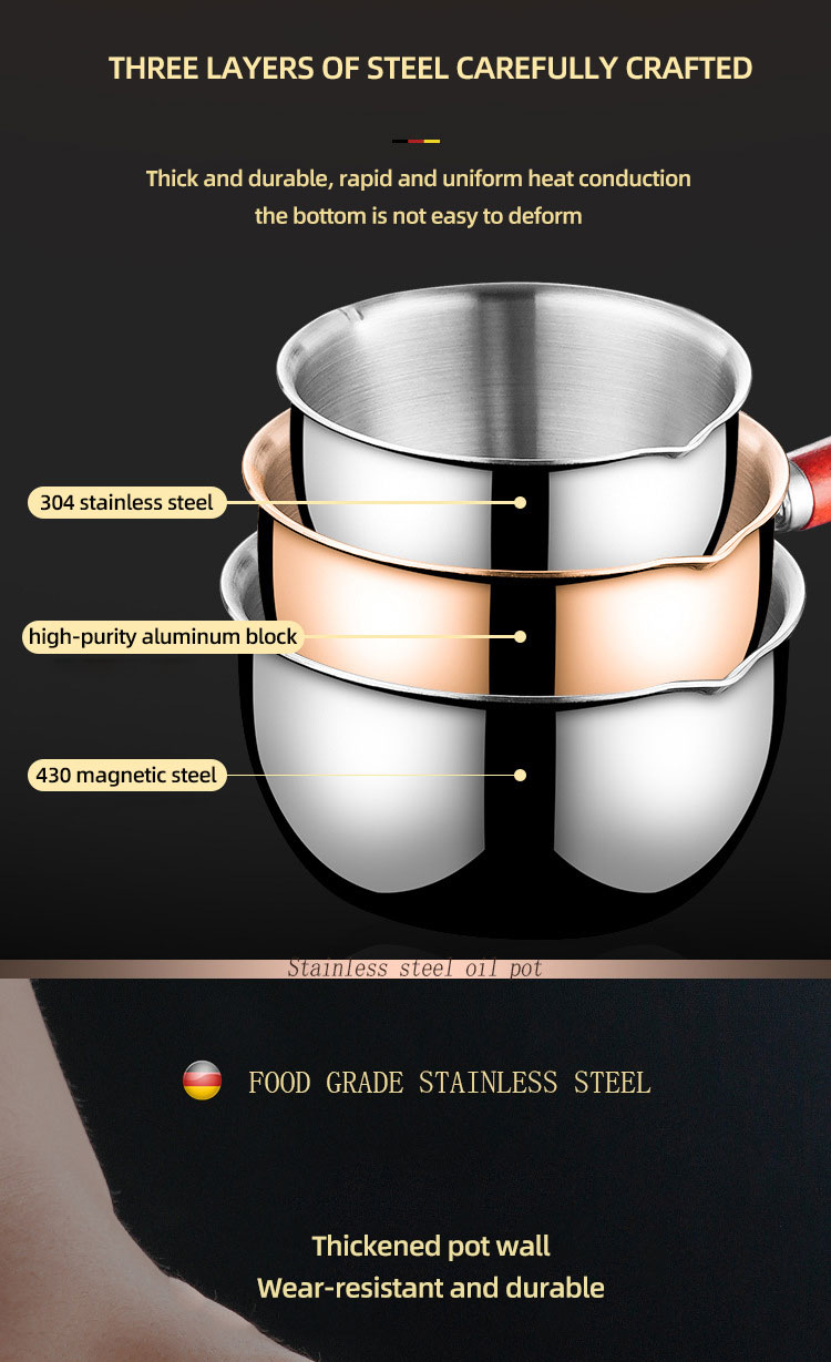 New Arrival Cooking Pot 18/8 Stainless Steel Frying Egg Pot Pan Cooking Pan Spilled Oil Pot With Wooden Handle