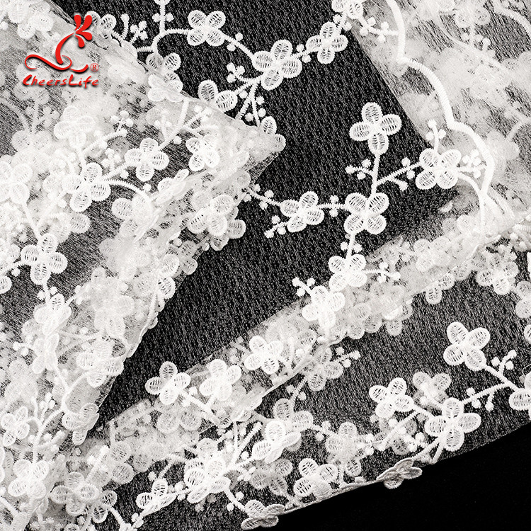 100% Polyester Embroidered Lace Fabric Bussy Floral Lace For Wedding Dress With Swiss Net