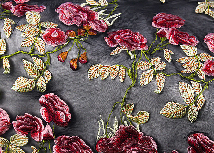 Colorful Embroidered Lace Fabrics , Multi Color Floral Blossom Lace Mesh Fabrics