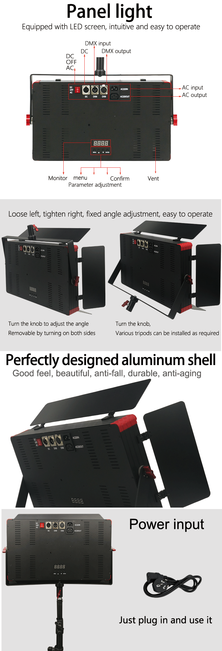 Aluminum Alloy Acrylic Covering LED840 DMX512 Portable Light for Photographic Shooting