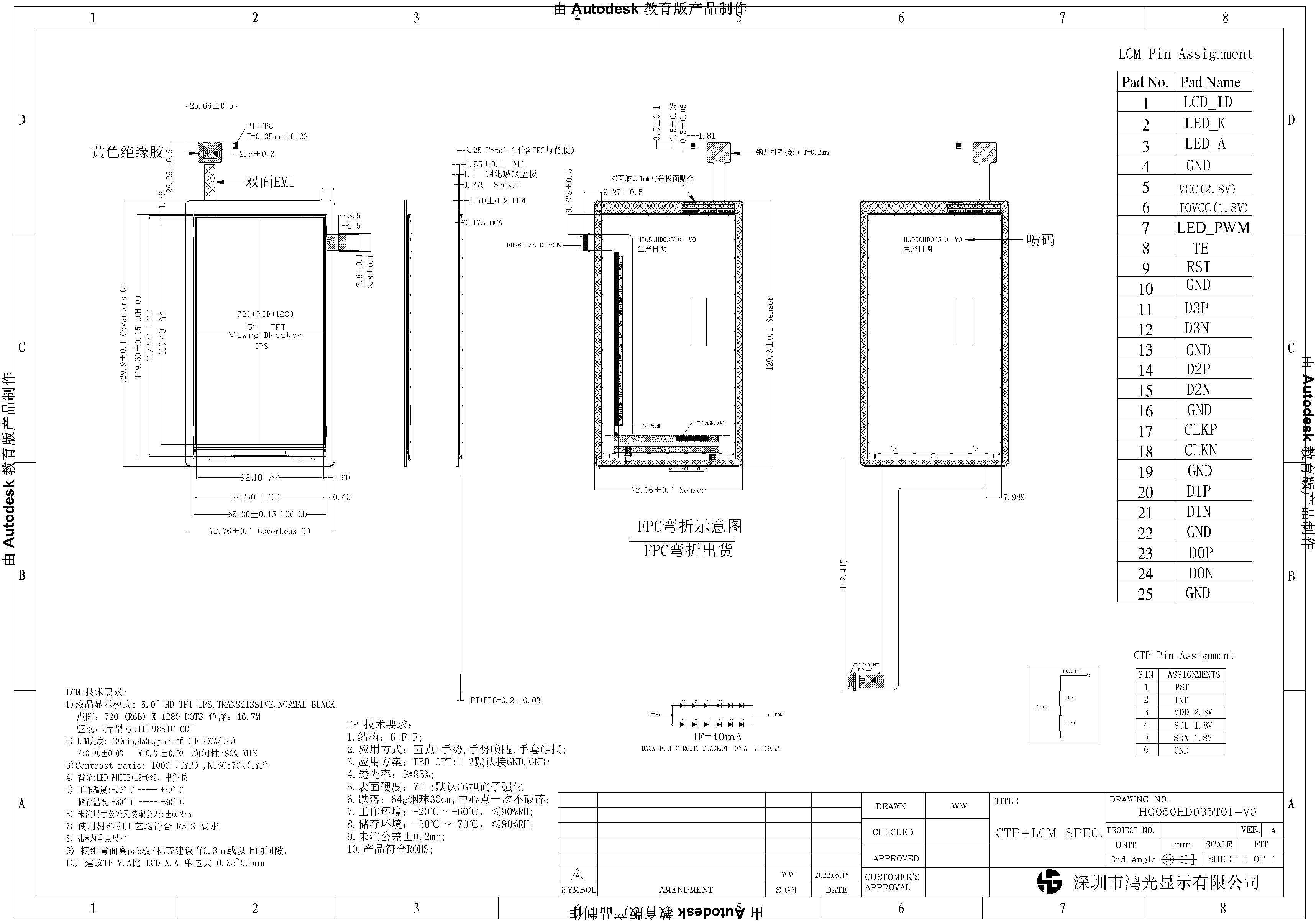 Full View 720x1280 Security TFT Monitor 5 Inch MIPI Interface 430cd/m2