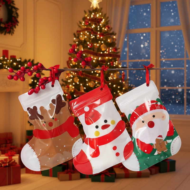 Custom Disposable PET+PE Festival-Themed Creative Cartoon Christmas Sock Zip Lock Bags Self-Sealing Plastic Packaging for Gift