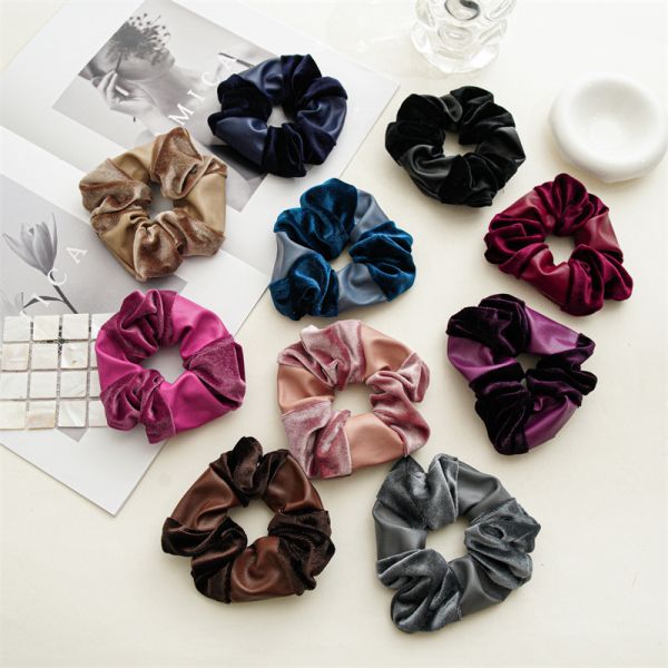 Autumn winter pu canary pleuche joint pink black scrunchie color fabric large hair band lady hair band spot accessories
