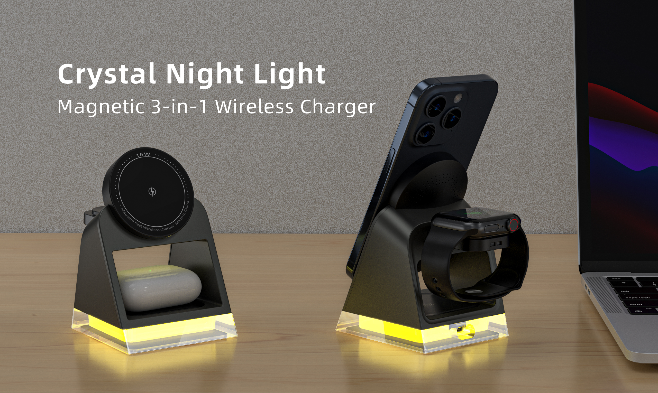 4 In 1 Foldable Magnetic Phone Watch with LED Desk Light and Fast Wireless Charger